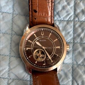 Bulova Brown Dial Silver-Tone Case Open-Heart Men's Watch